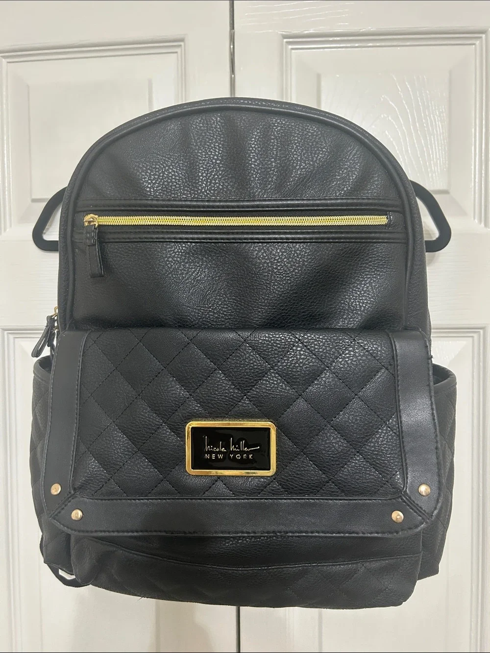Nicole Miller Black Quilted Backpack with Gold Accents